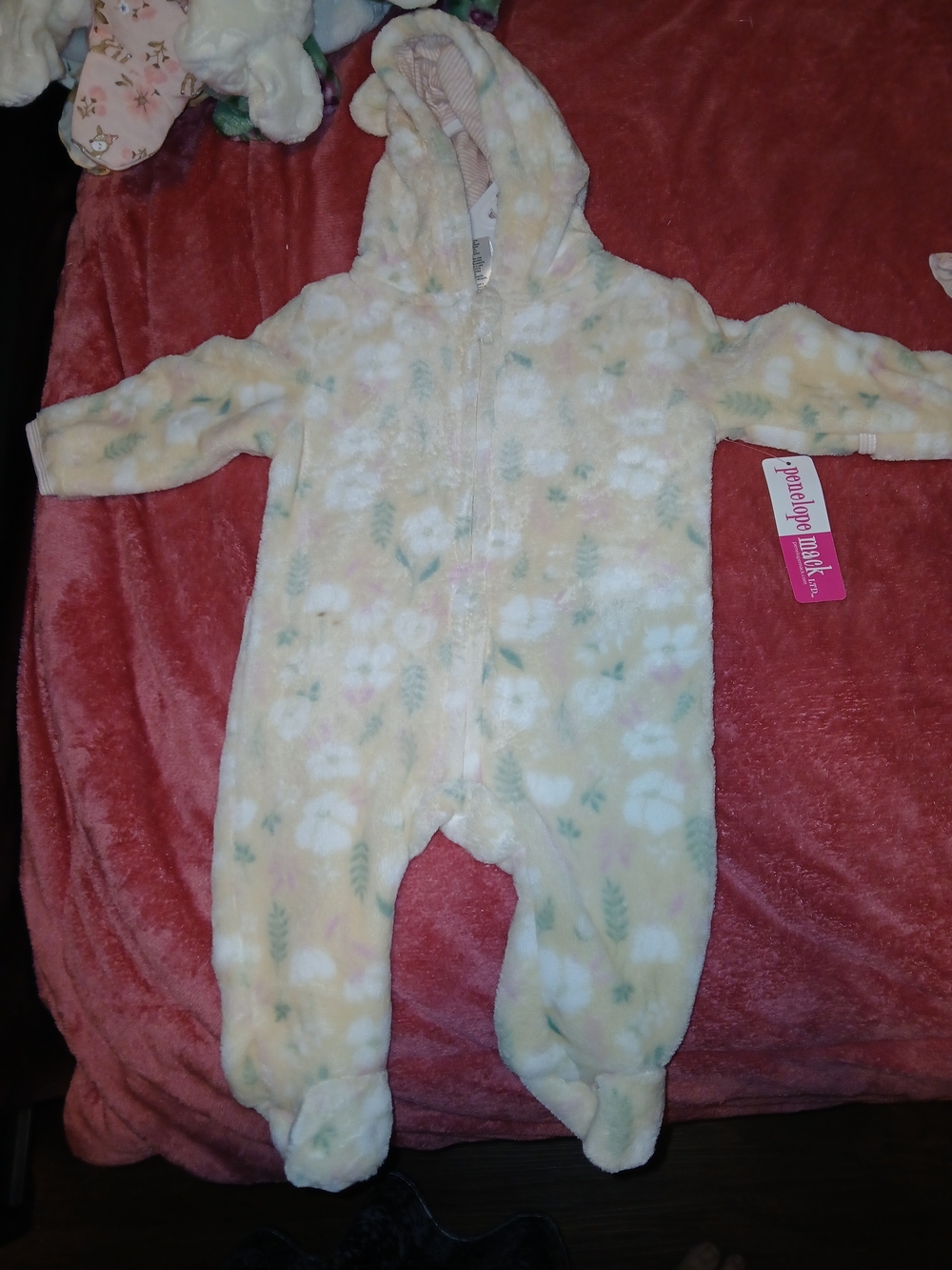 Penelope Mack NWT Pale Yellow Floral Plush Hooded Baby One-Piece